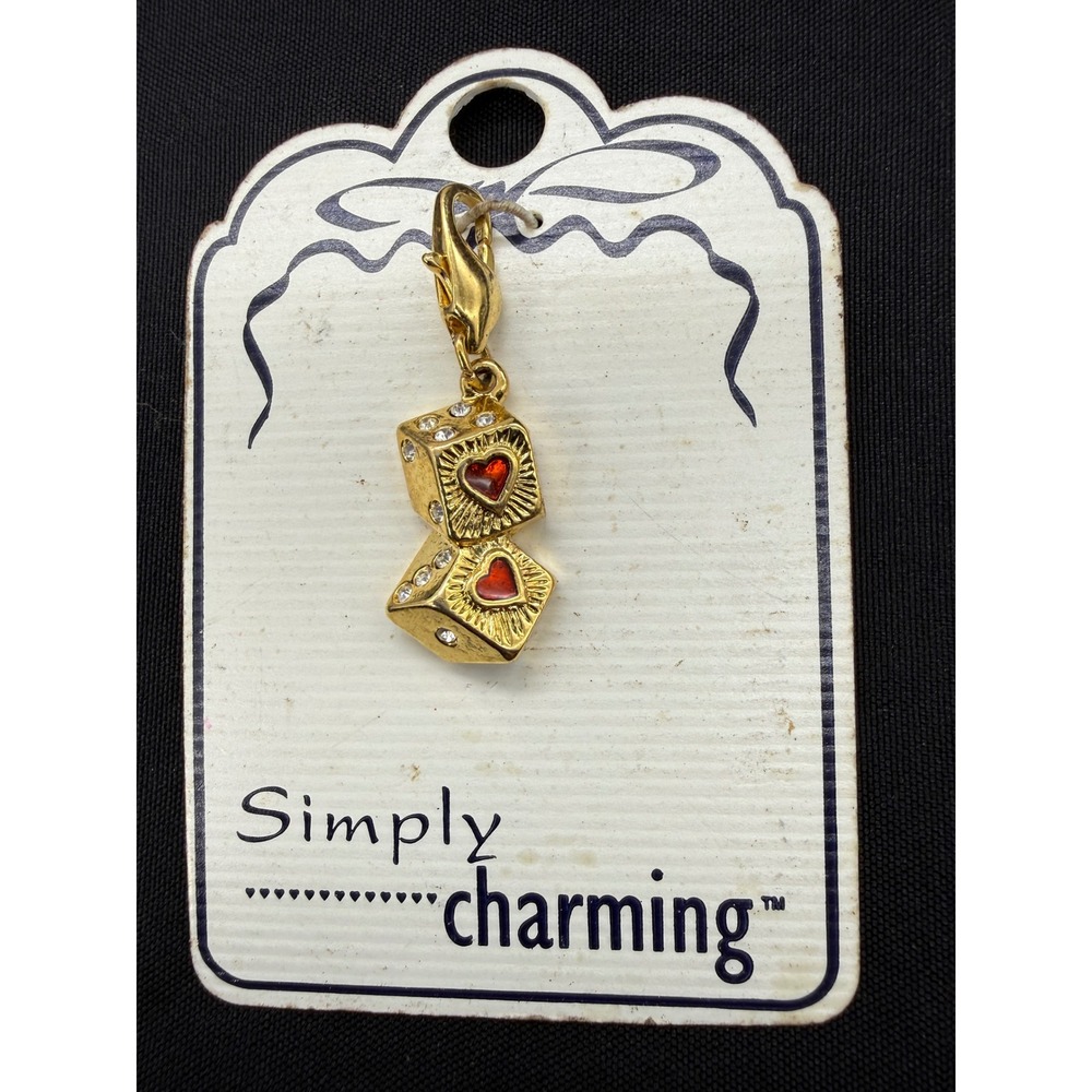 Vintage 1996 Simply Charming Dice Heart Gold Tone Rhinestone Clip On Charm USA